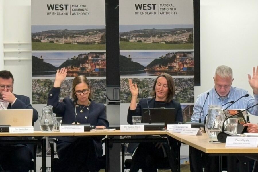 Kevin Guy, leader of Bath and North East Somerset council, mayor Helen Godwin, Helen Mack, Bristol deputy leader, and Ian Boulton. Labour co-leader of South Gloucestershire